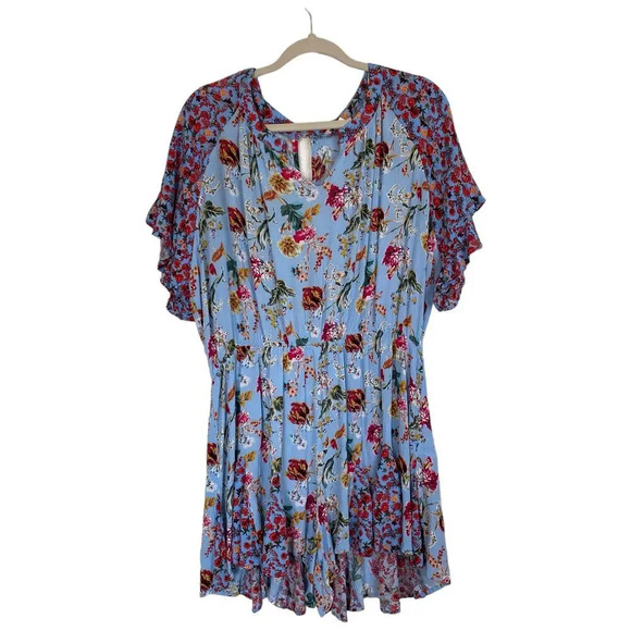 UMGEE + Floral Mixed Print Split Neck Ruffle Sleeve Romper Sky Blue Plus Size 2X - Picture 2 of 7